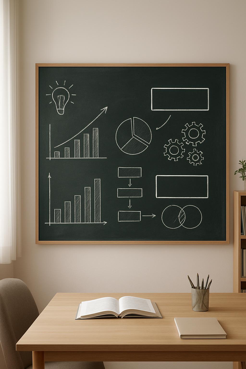 Chalkboard with various business infographics. A framed chalkboard on a beige wall with different business infographics, i...