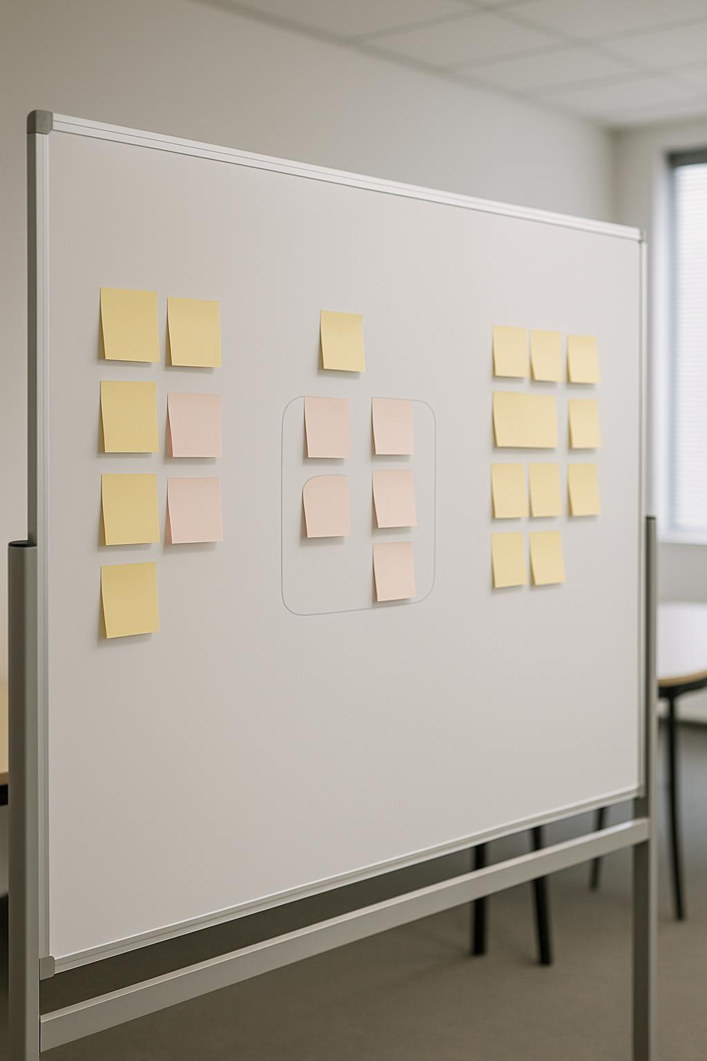 A whiteboard with sticky notes stuck in various arrangements