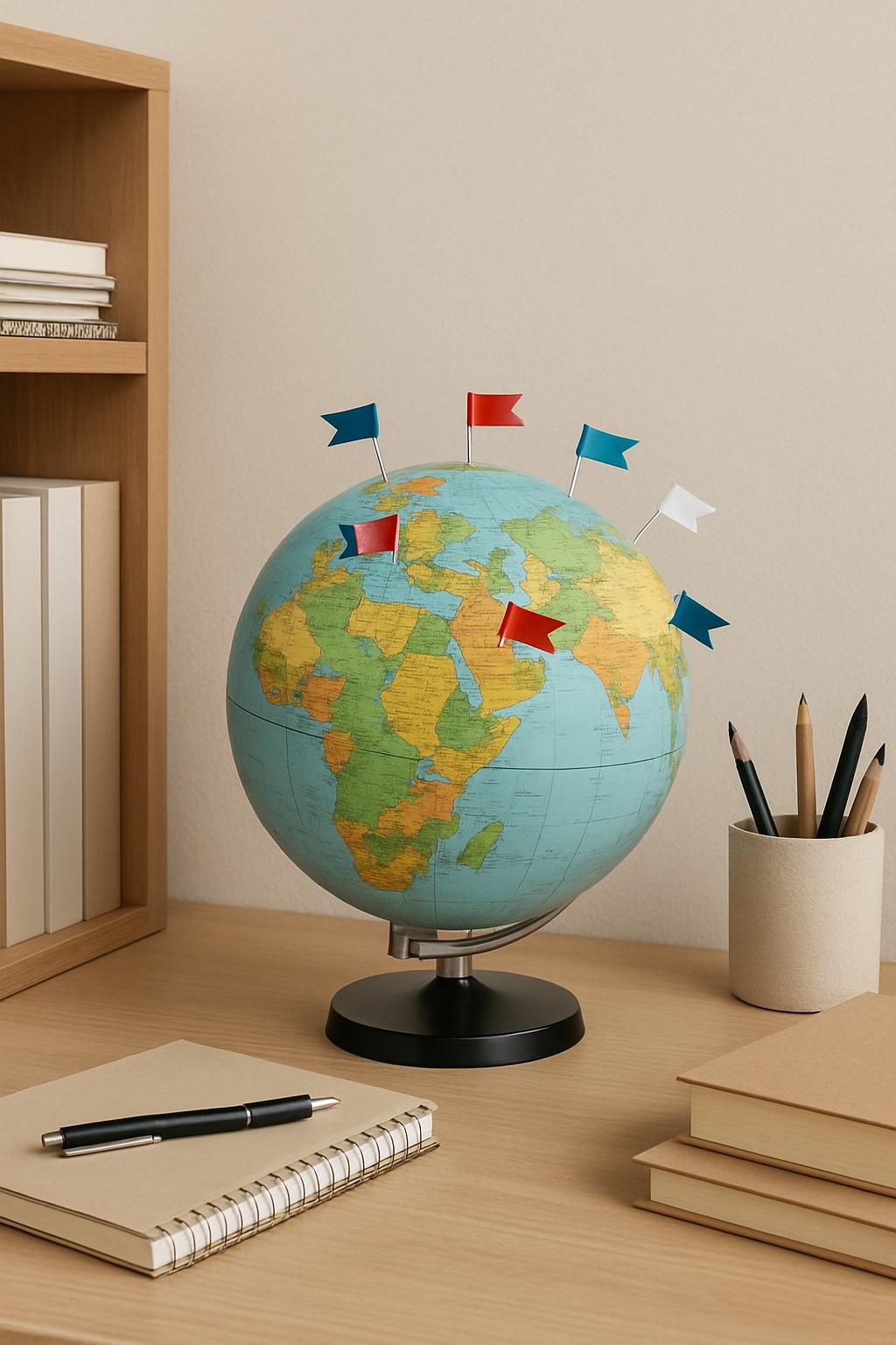 A colorful globe mounted on a stand, featuring various country flags attached to it.